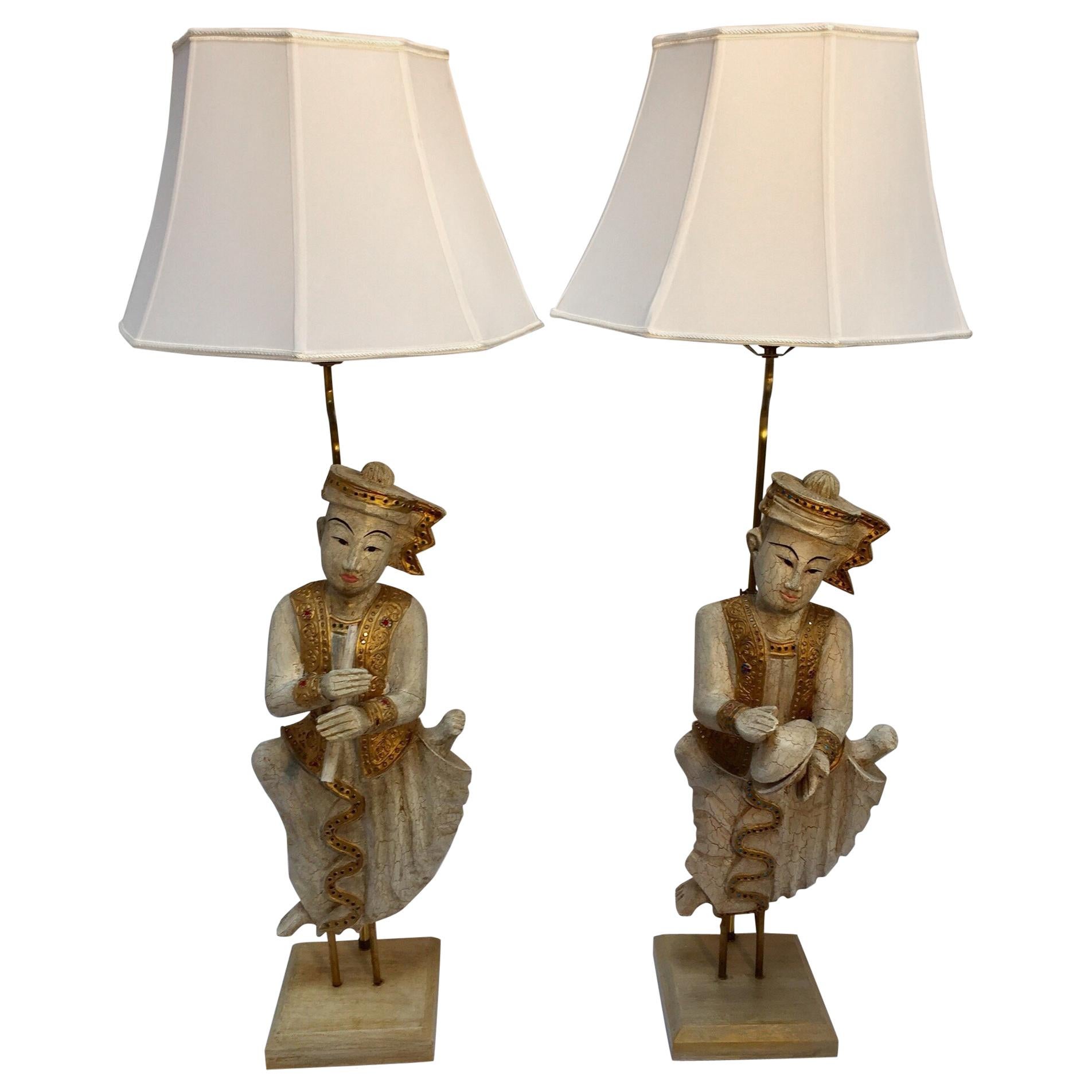 Pair of Asian Figures of Burmese Musicians Turned into Table Lamps For Sale
