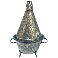 Antique Moorish Silver Repousse Serving Dish Tajine with Cover