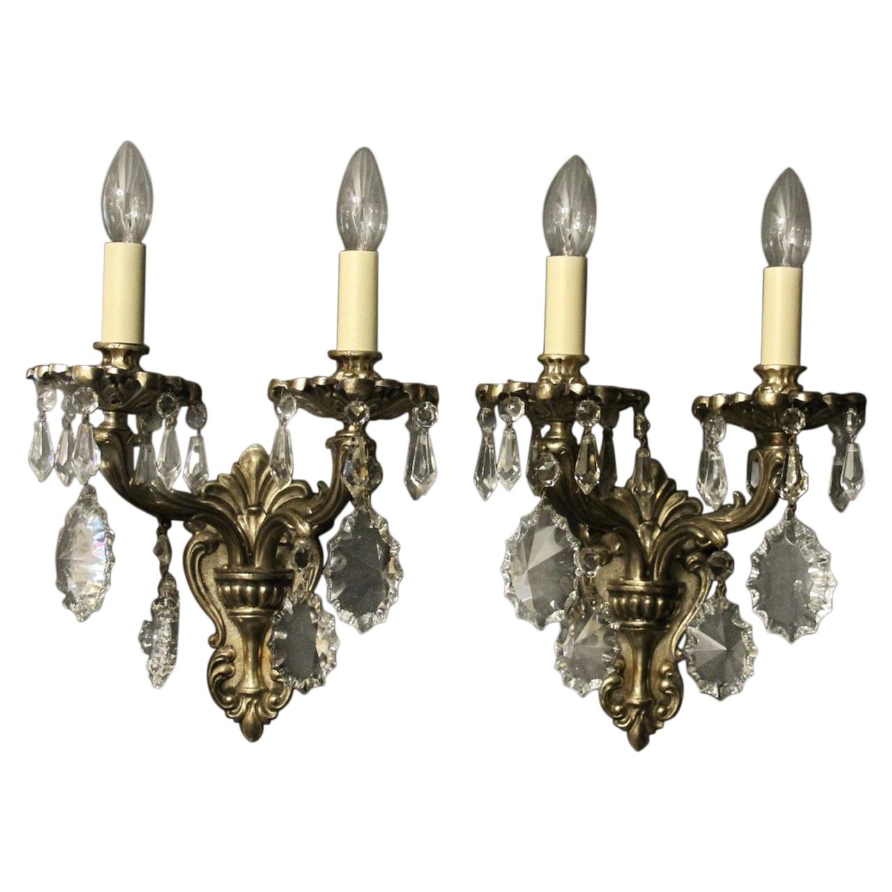 Italian Pair of Silver Gilded and Crystal Antique Wall Lights