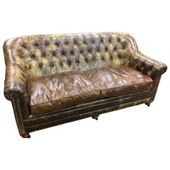 Retro Brown Tufted Leather Distressed Custom Nailhead Sofa on Casters