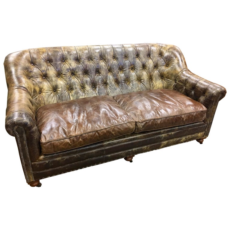 Vintage Brown Tufted Leather Distressed, Nailhead Leather Couch