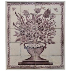 Large 19th Century Framed Delft Tile Flower Motifs Wall Decoration