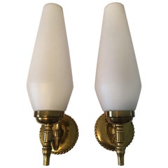 Pair of Lovely Brass and Milk Glass Art Deco Style Sconces