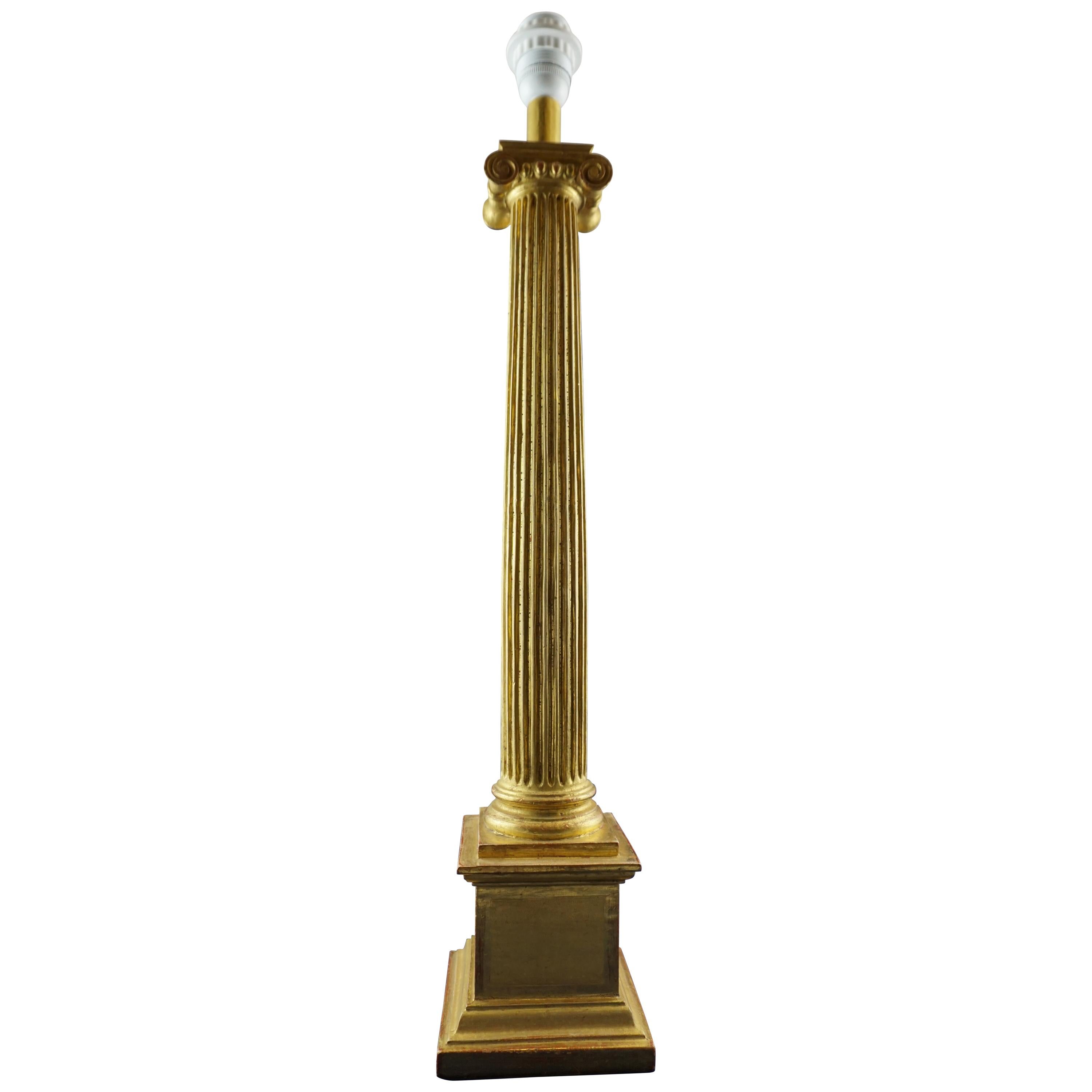 Leone Cei Empire Style Ionic Column Lamp Base, Hand Carved and Gilded For Sale