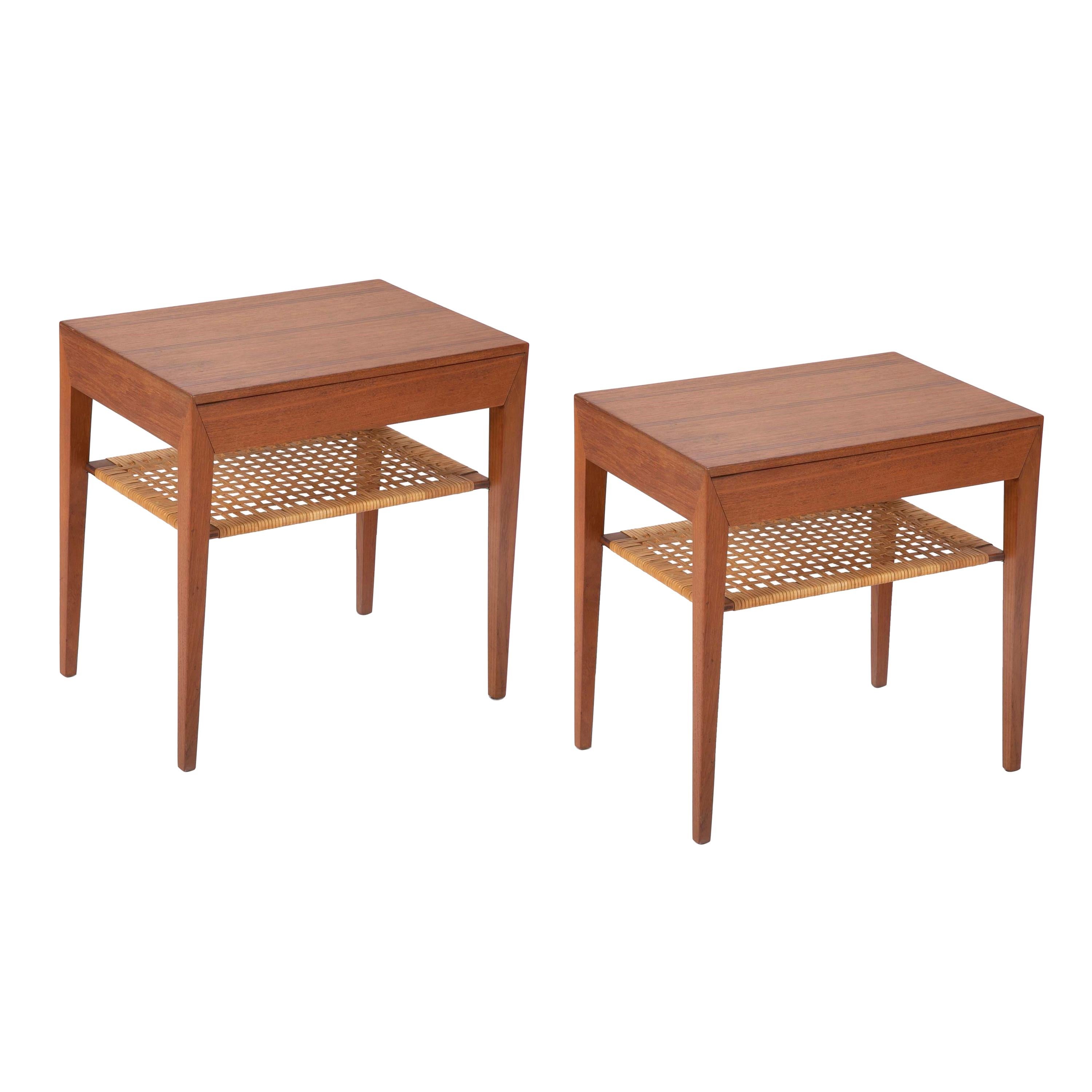 Pair of Teak Bedside Tables with Rush Shelf Designed by Severin Hansen Jr.