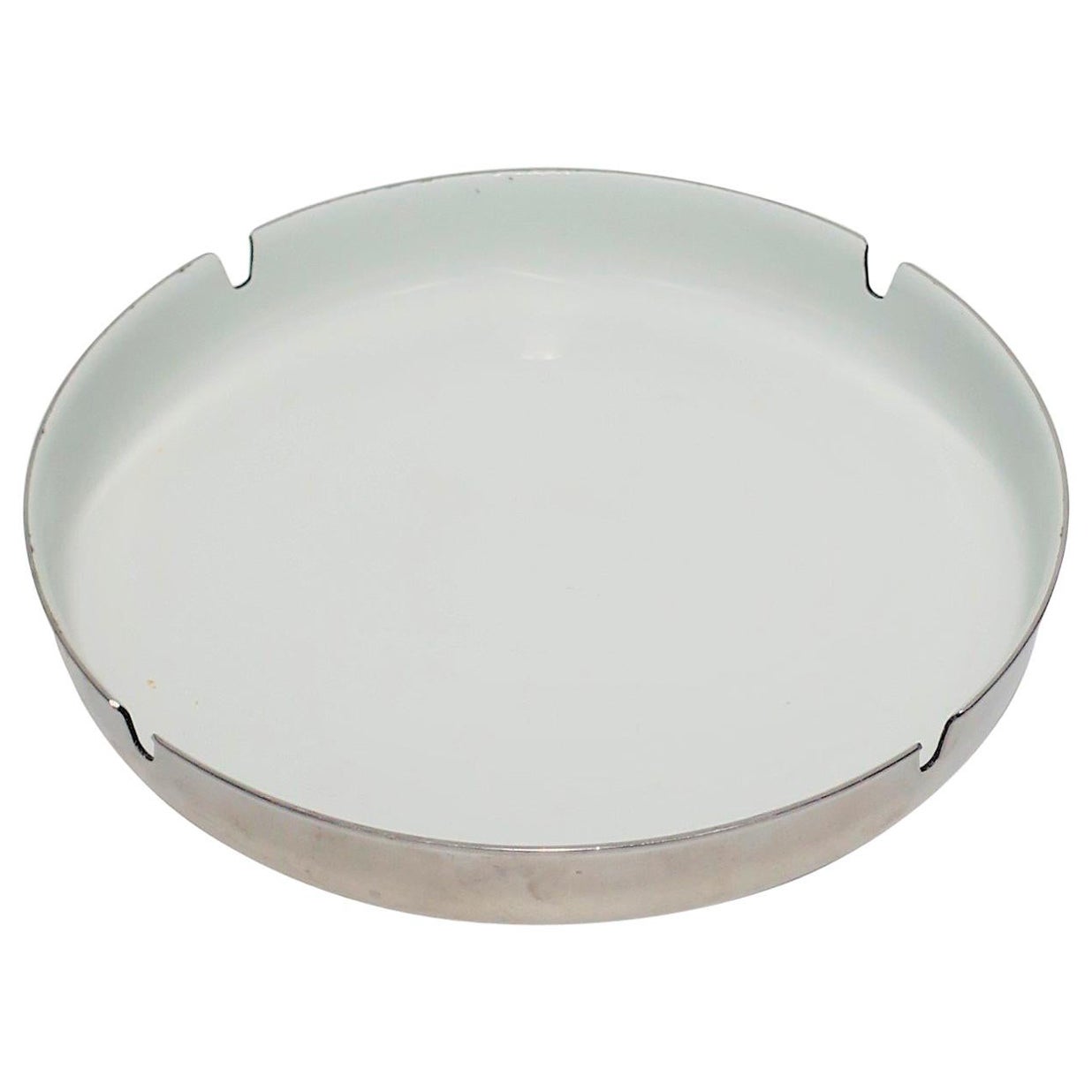 Scandinavian Modern Designer White Enamel and Chrome Ashtray For Sale