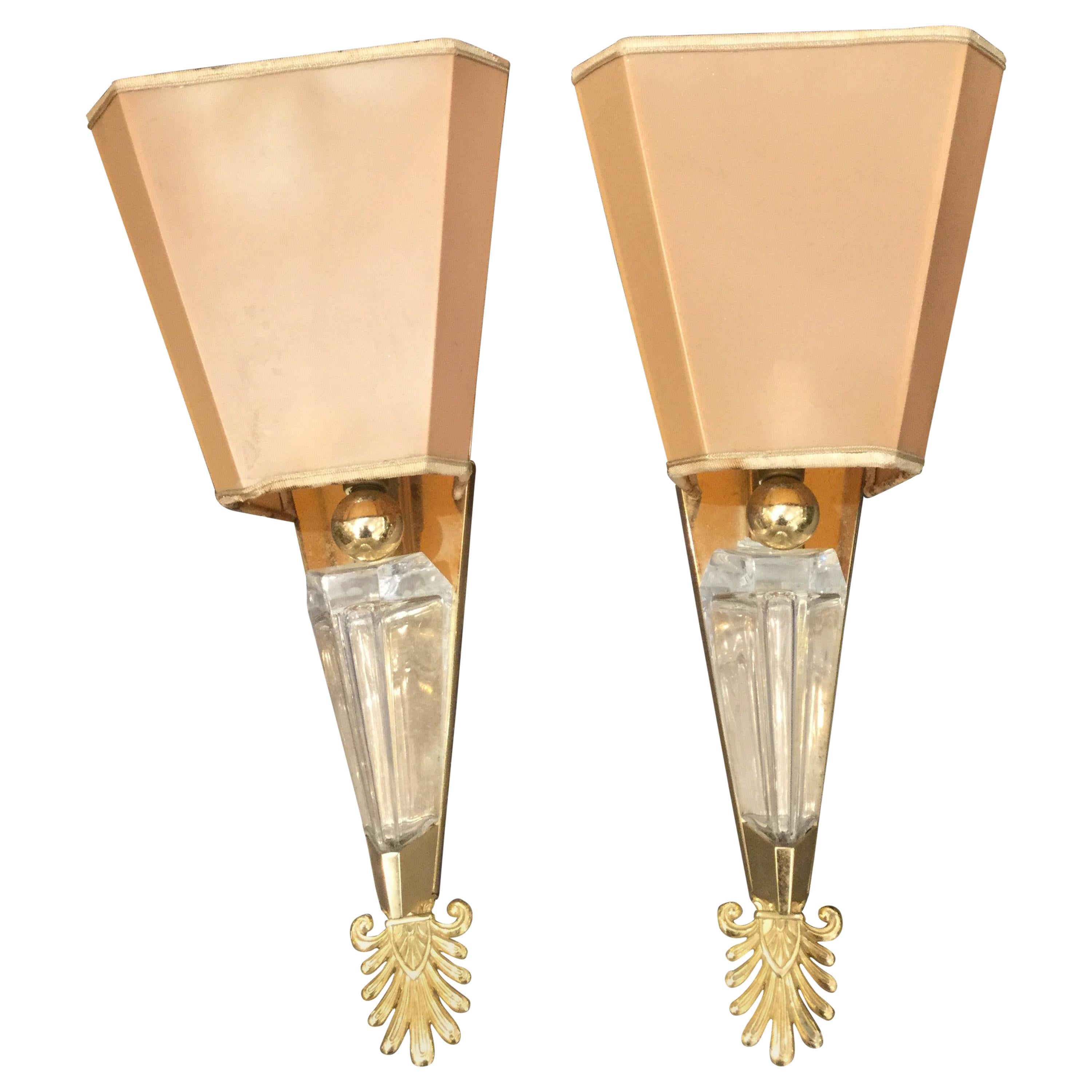 Pair of Art Deco Crystal and Gilt-Metal Sconces For Sale