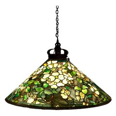 Antique Tiffany Studios Dogwood Stained Glass Bronze Hanging Shade Pendant Lamp, 1905