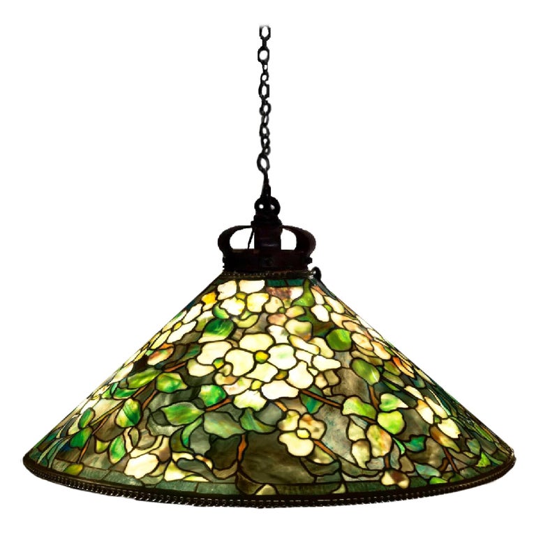 Tiffany Studios Dogwood Stained Glass Bronze Hanging Shade Pendant Lamp