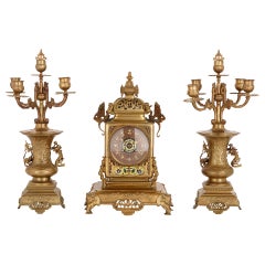 Japanese Style Gilt Bronze and Enamel Clock Set 