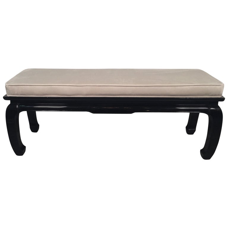 MidCentury Modern Black Lacquered Asian Style Bench Newly Upholstered