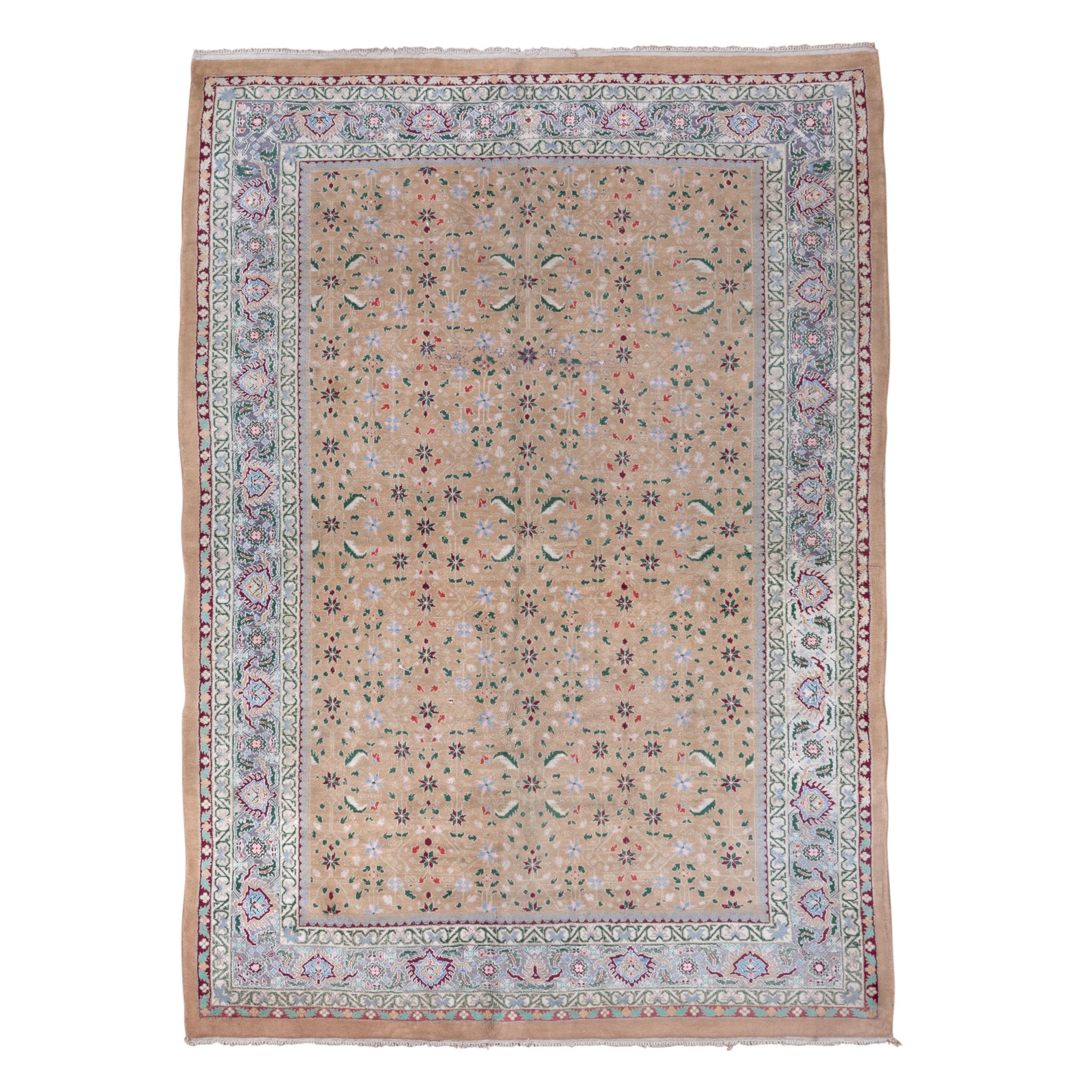 Authentique tapis indien Agra, entièrement à poils longs, champ beige, magnifique bordure en vente