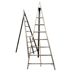 Vintage American Wood and Iron A-Frame Peak Top Folding Orchard Ladders