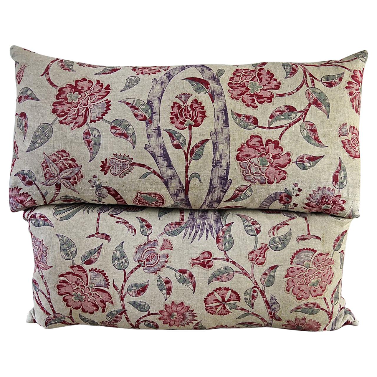 Pair of Pink Floral Linen Pillows French, 19th Century