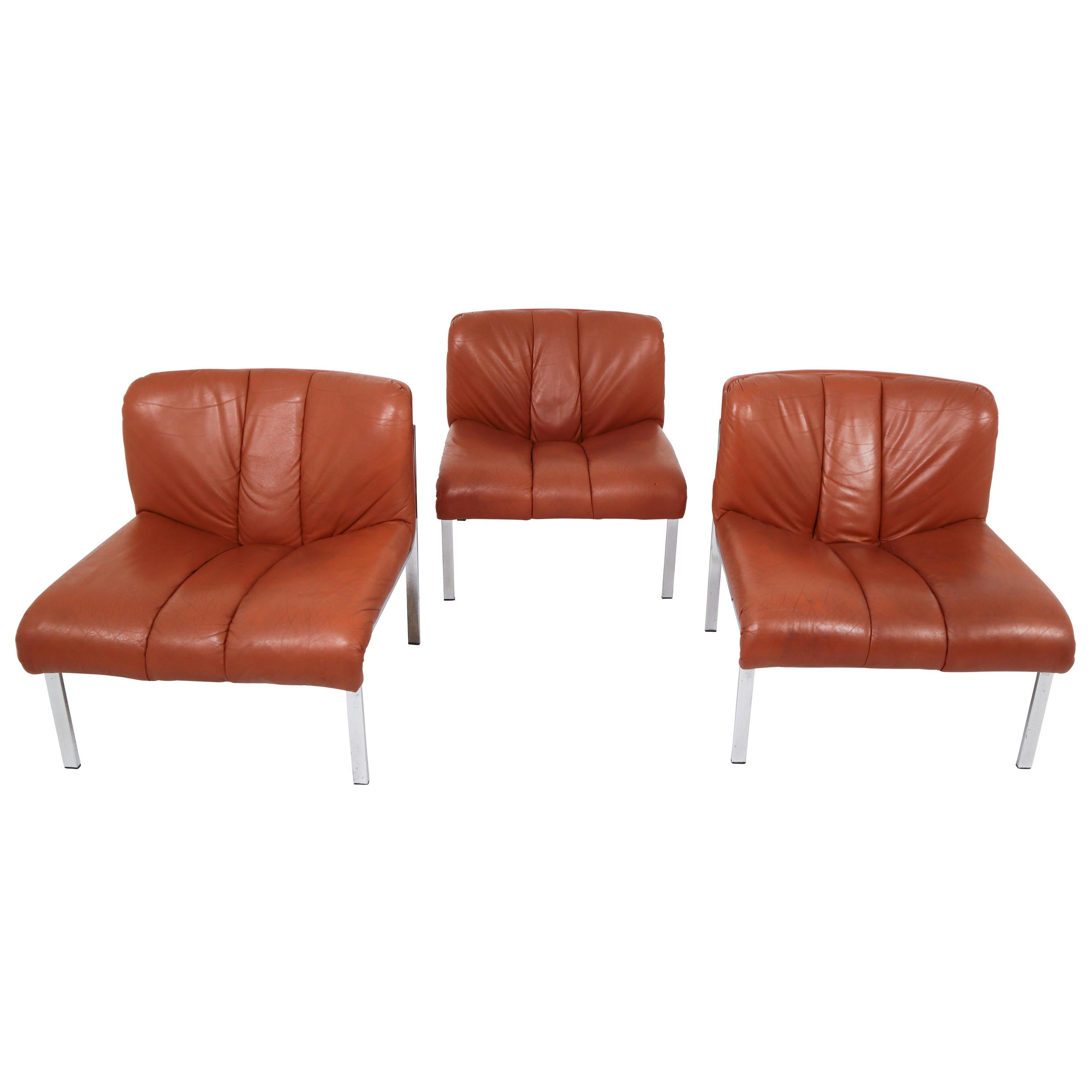 Set of Three Chairs, Sofa in Cognac Leather by Girsberger, Switzerland, 1970s