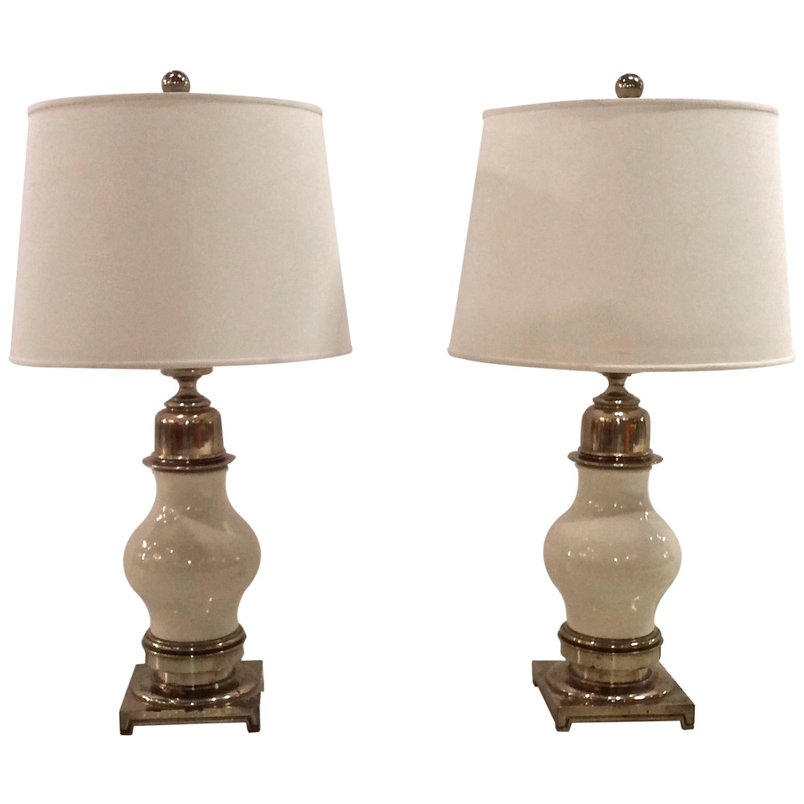 Impressive Pair of Midcentury Ceramic and Brass Table Lamps, by Stiffel For Sale