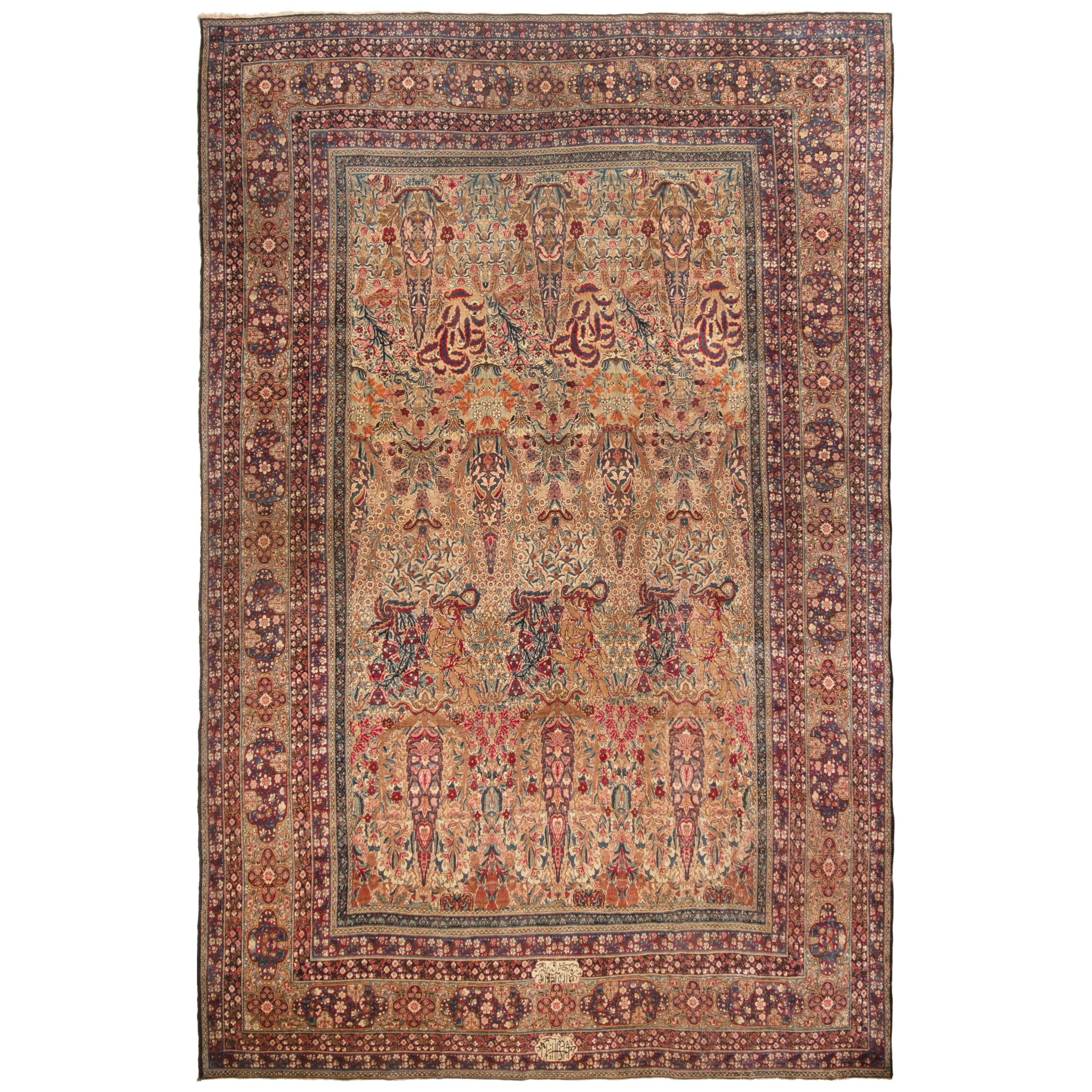 Rare Signed Antique Kerman Persian Rug by Aboul Ghasem Kermani For Sale