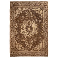 Antique Heriz Brown Medallion Rug with Floral Patterns