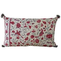 Red and Grey Birds Floral Linen Pillow, French, Early 20th Century