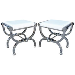 Pair of Charles Hollis Jones Empire Style Benches in Lucite & Polished Nickel