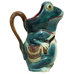 French Majolica Frog Pitcher with a Gun Orchies, circa 1890