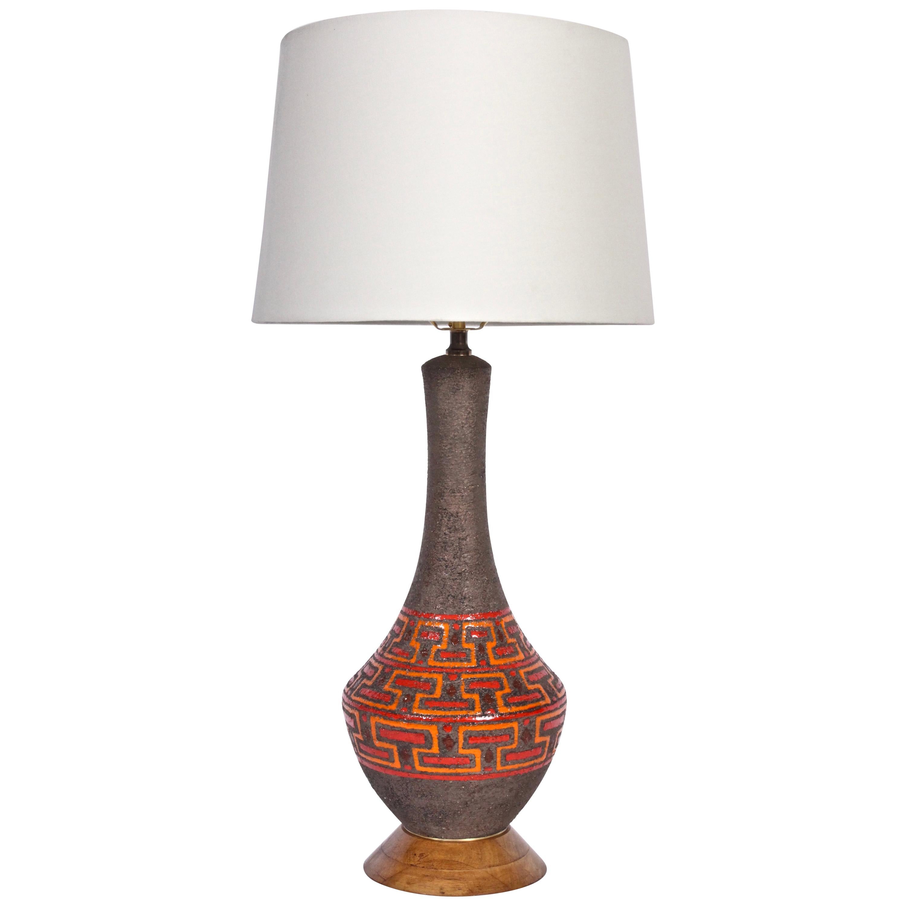 Aldo Londi Brown Pottery Table Lamp with Glazed Red & Orange Geometrics For Sale