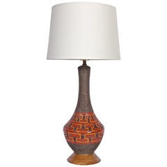 Aldo Londi Brown Pottery Table Lamp with Glazed Red & Orange Geometrics