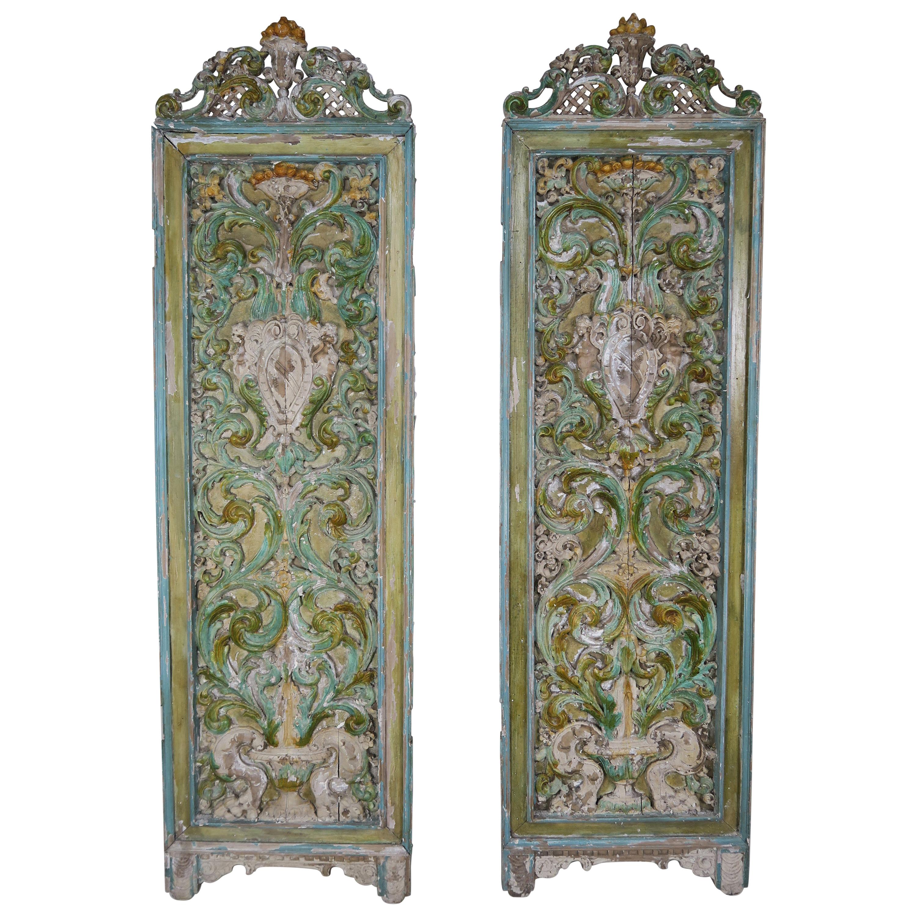 19th Century Italian Painted Carved Wood Panels, Pair