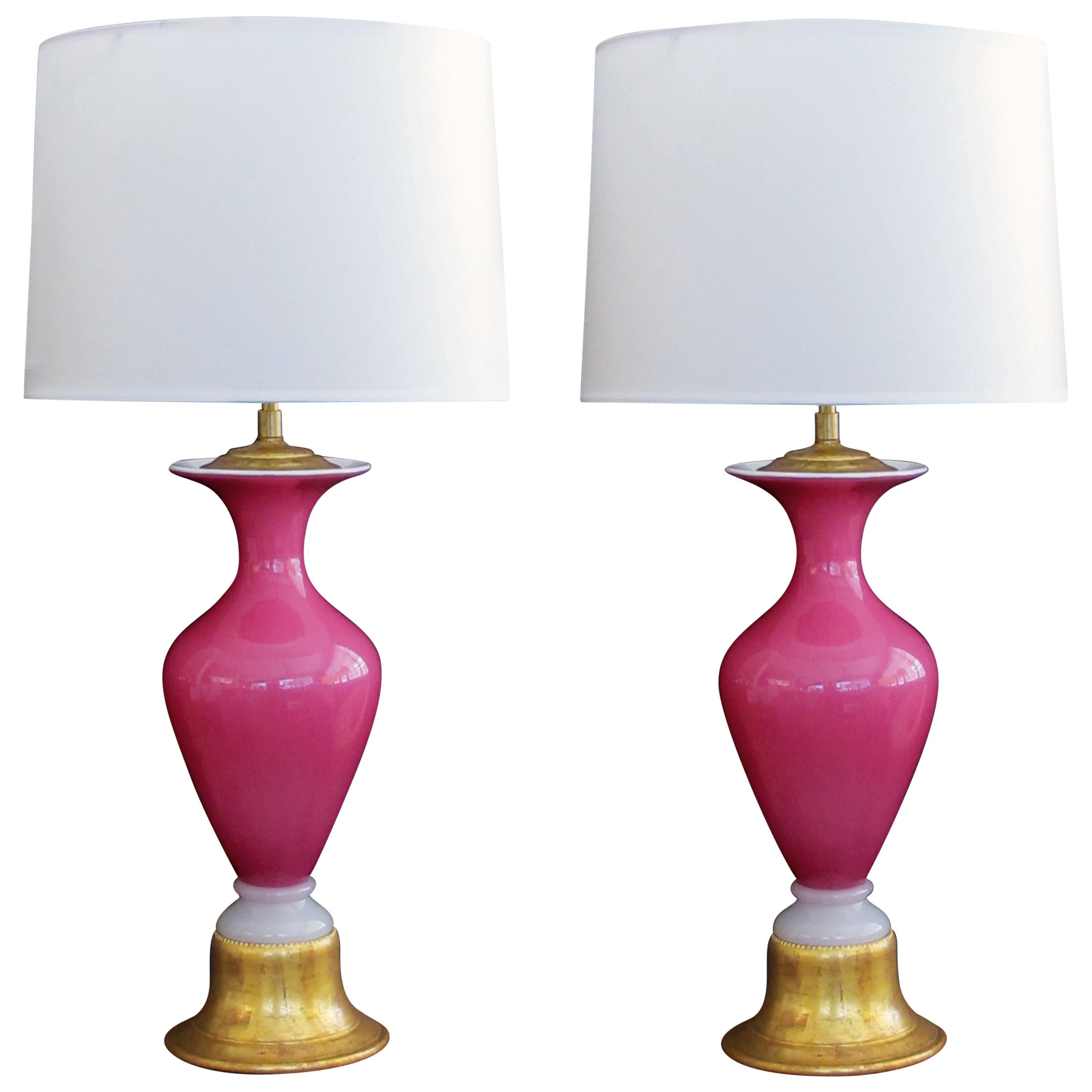 Striking Pair of Murano Midcentury Pink Cased-Glass Baluster-Form Lamps