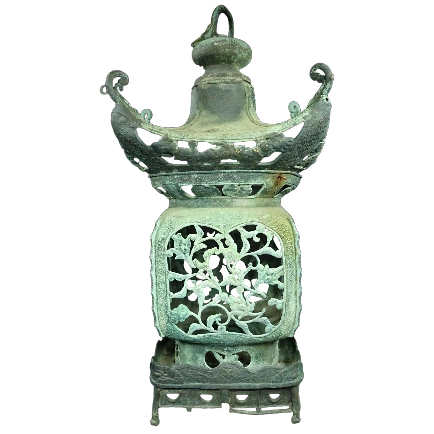 Japanese Antique Pagoda Tea House Bronze Lantern, Dragon Finial and Fine Details