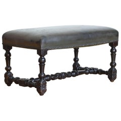 French Louis XIII Period Carved and Turned Dark Walnut Bench, Early 18th Century