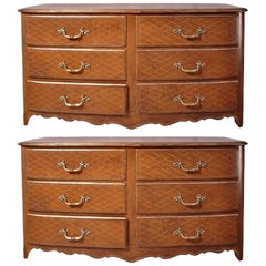 Used Pair of French Louis XVI Style Mid-Century Leather Covered Chests of Drawers