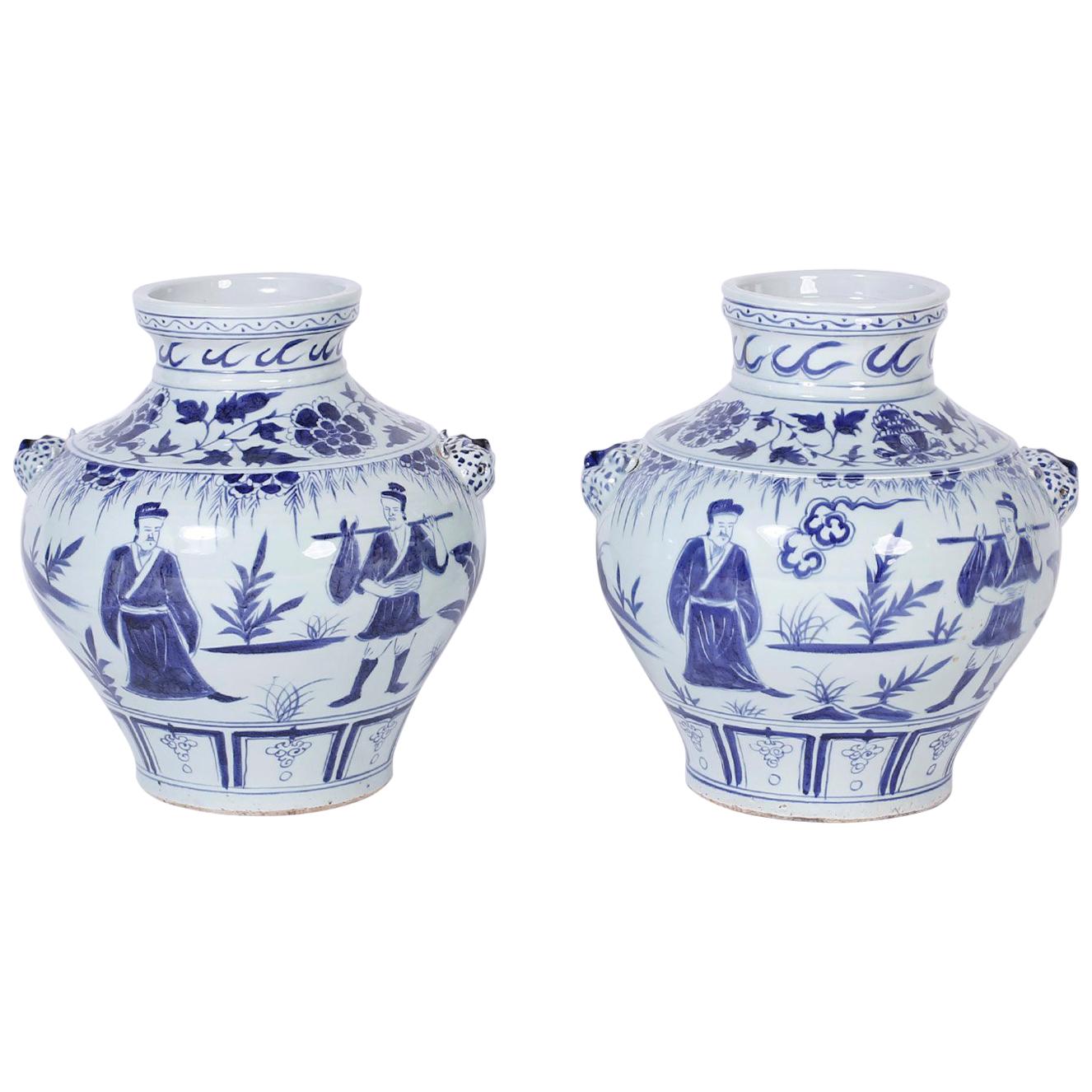 Pair of Blue and White Chinese Porcelain Urns or Vases