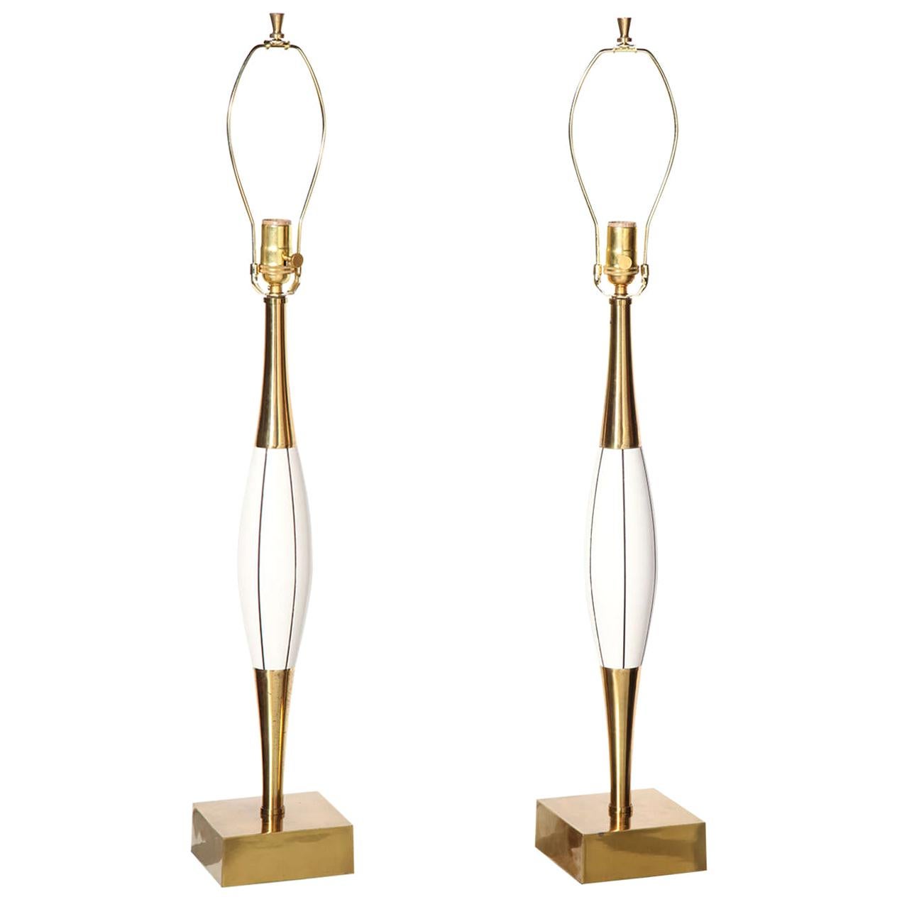Tall Pair of Stewart Ross James Bright Brass & White Incised Table Lamps For Sale