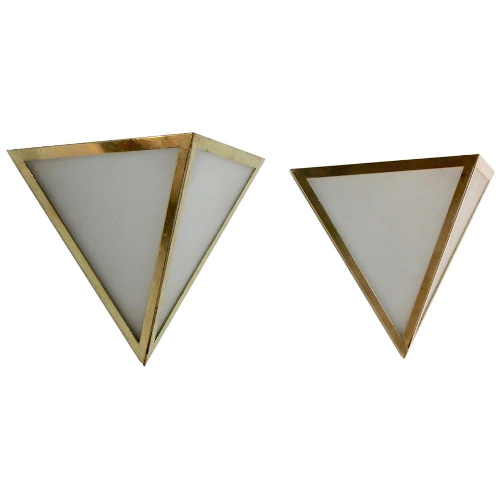 Set of Brass & Opal Glass Triangle Wall Sconces from Glashütte Limburg, Germany For Sale