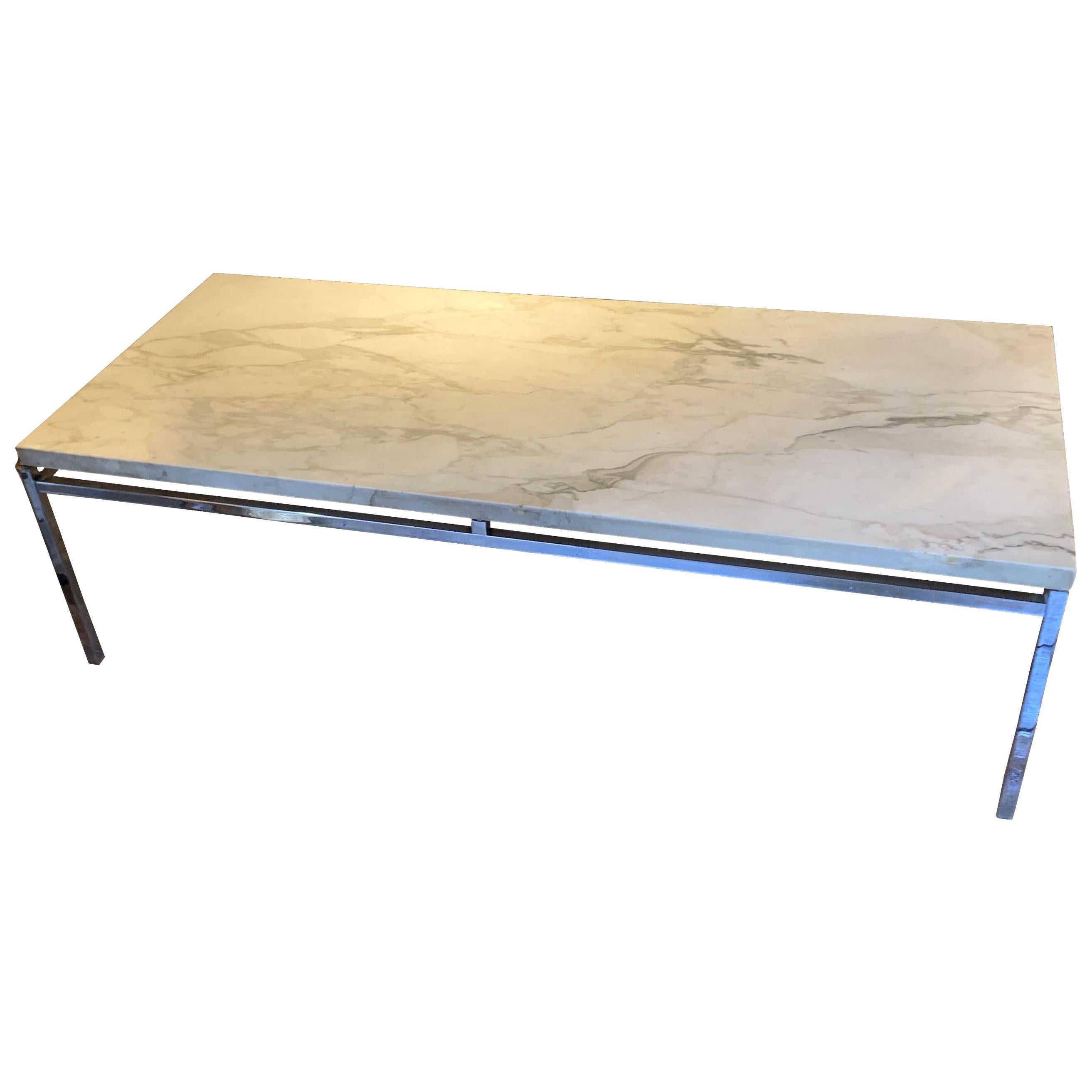 Honed White Marble Top, Nickel Base Coffee Table, France, Midcentury
