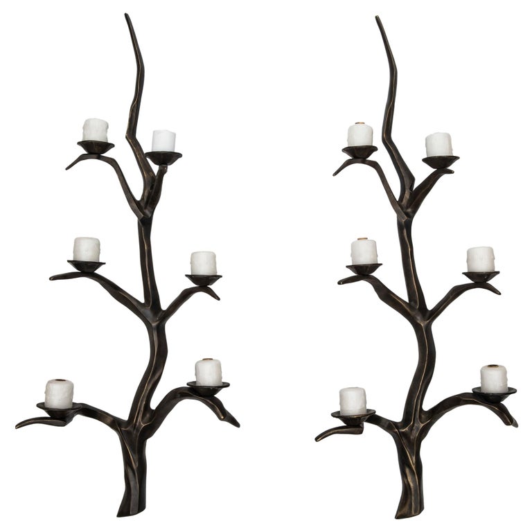 Large Pair of Bronze Branch Style Wall Sconces