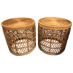 Vintage Pair of Rattan Wicker Drum Stools Ottomans End Side Tables