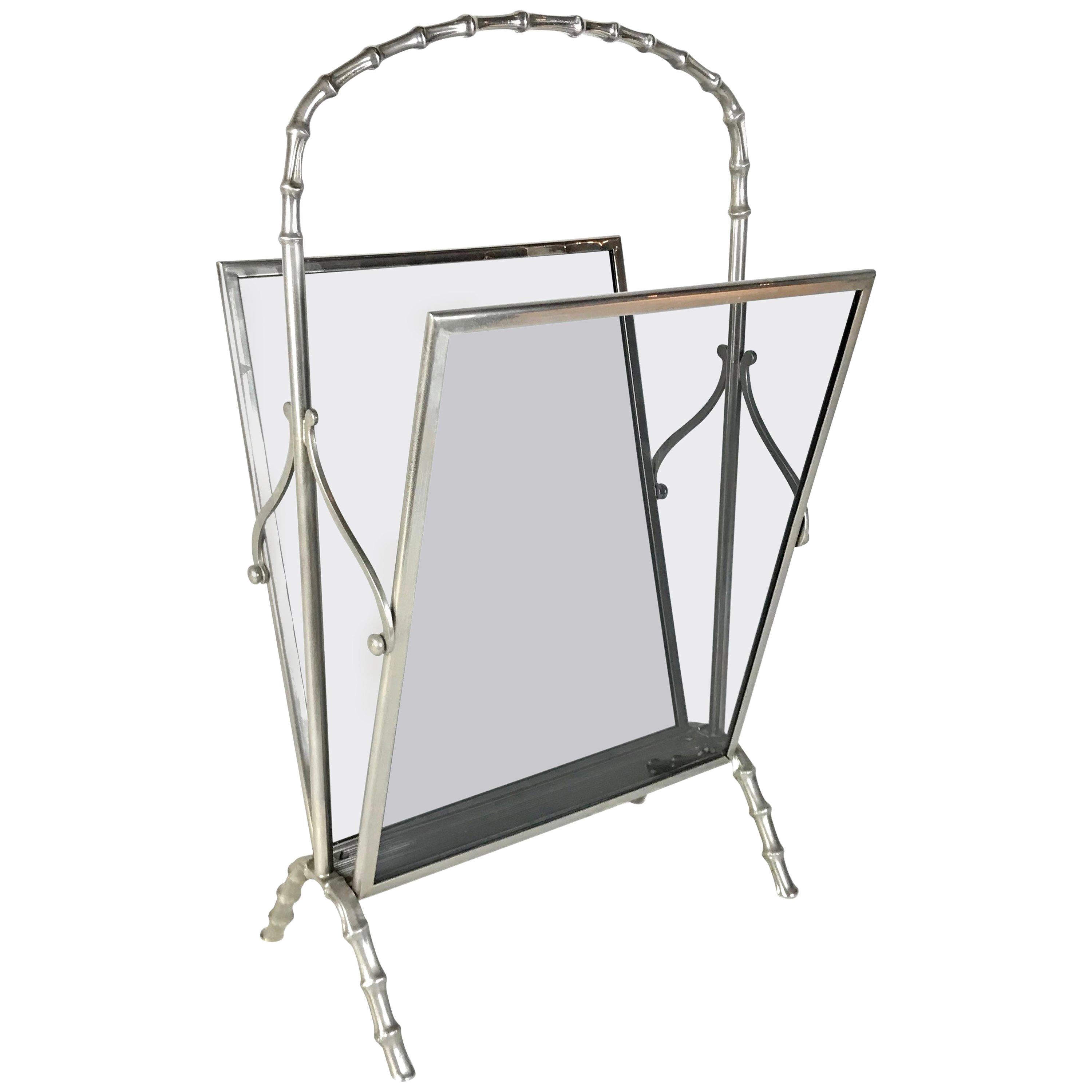 Midcentury Maison Baguès Silvered Brass Faux Bamboo Magazine Rack, 1960s, France For Sale
