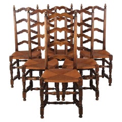 Antique Set of Six Country French Ladder Back Dining Chairs