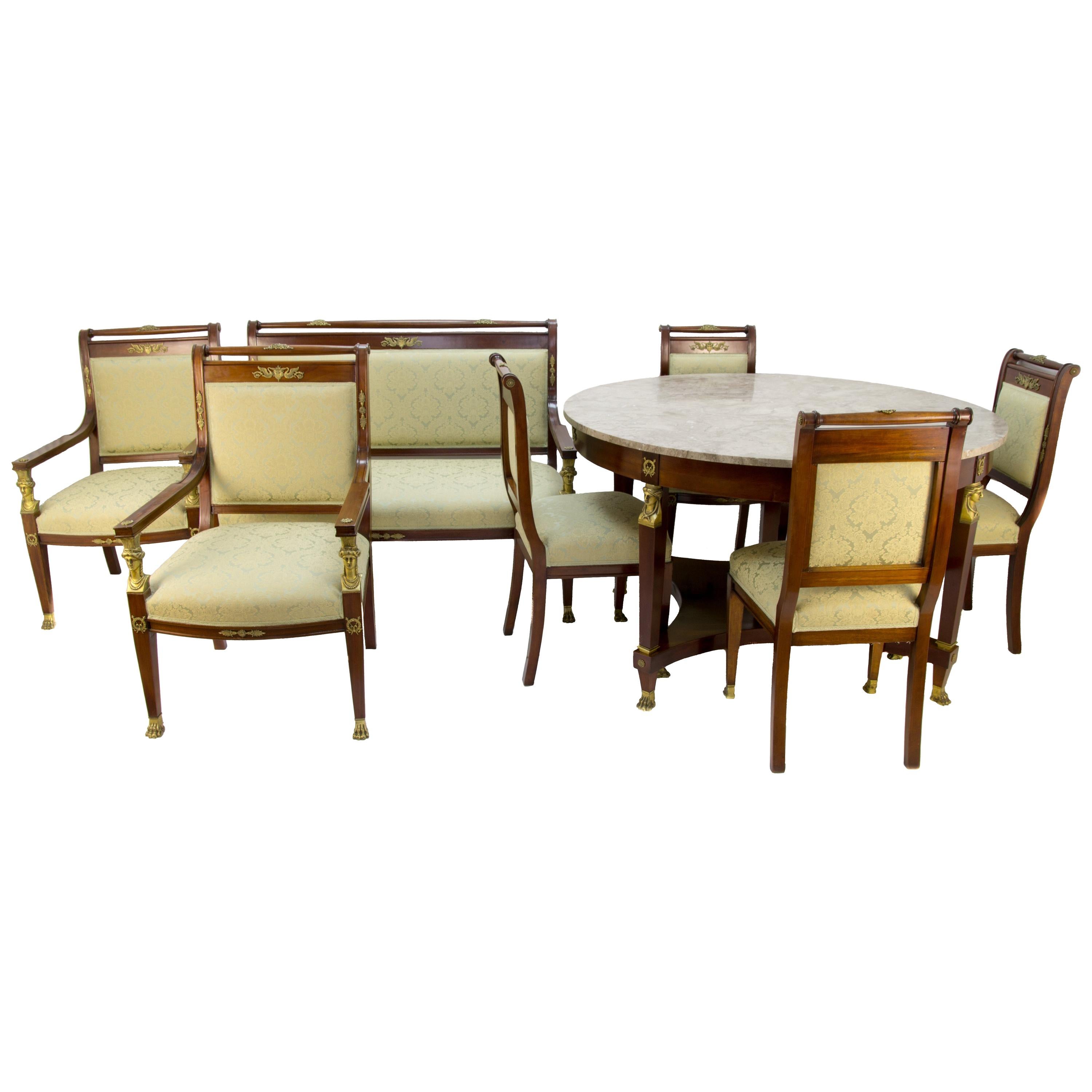 French Empire Style Walnut, Bronze, and Marble Table and Chairs Living Room Set