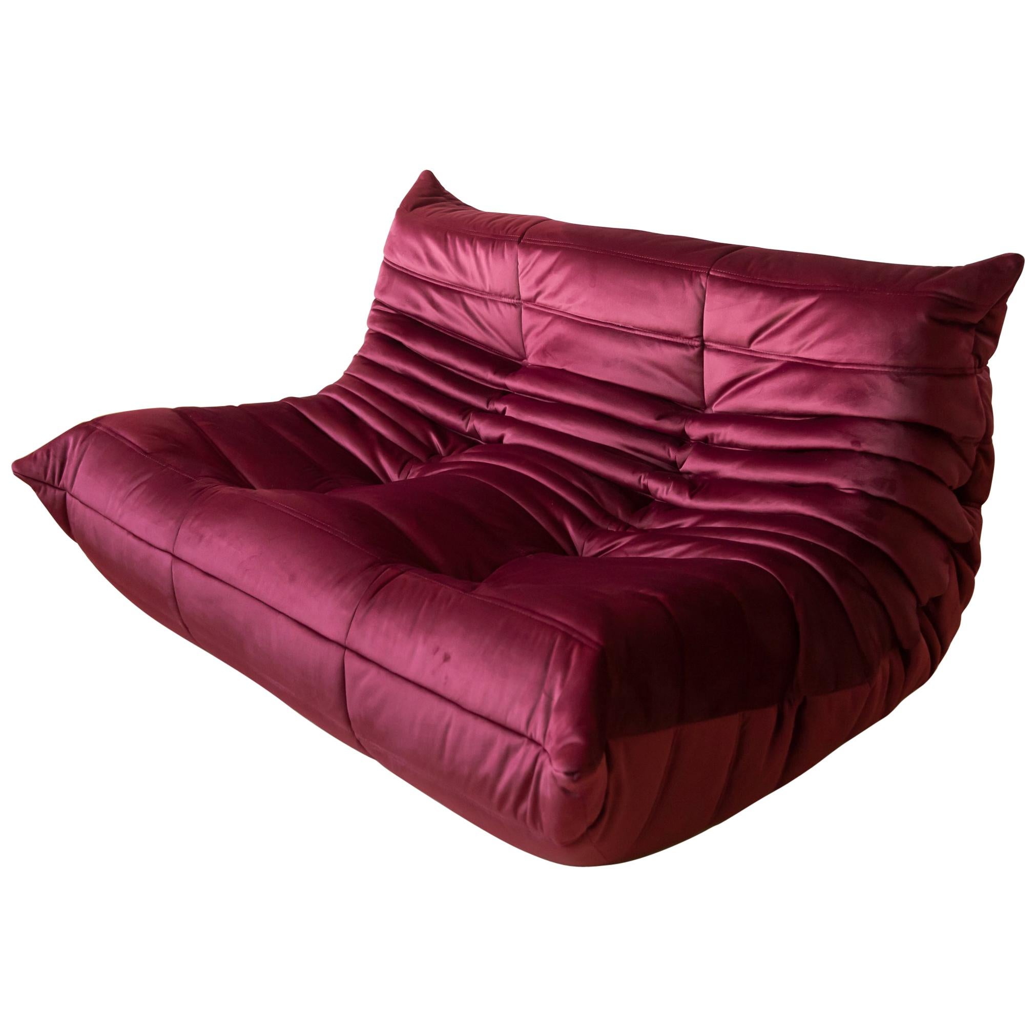 Togo 2-Seat Sofa in Burgundy Velvet by Michel Ducaroy for Ligne Roset For Sale