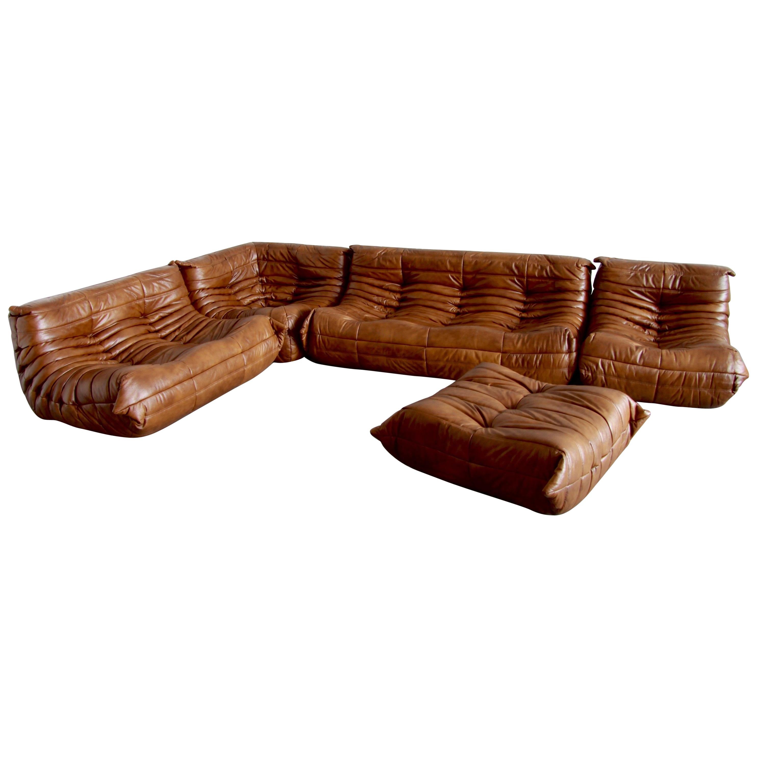 Vintage Leather Togo Sofa Set by Michel Ducaroy for Ligne Roset, Set of Five