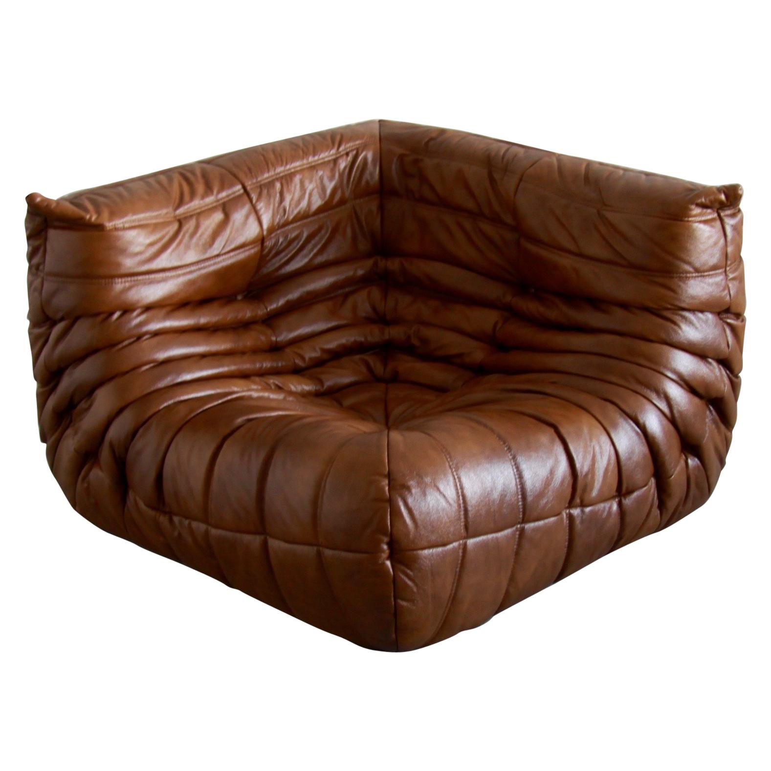Togo Corner Couch in Whiskey Leather by Michel Ducaroy by Ligne Roset For Sale