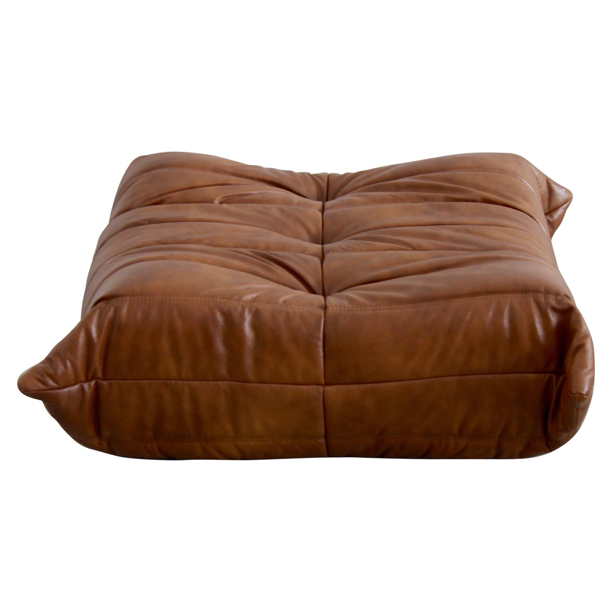 Togo Ottoman in Whiskey Leather by Michel Ducaroy, Ligne Roset For Sale