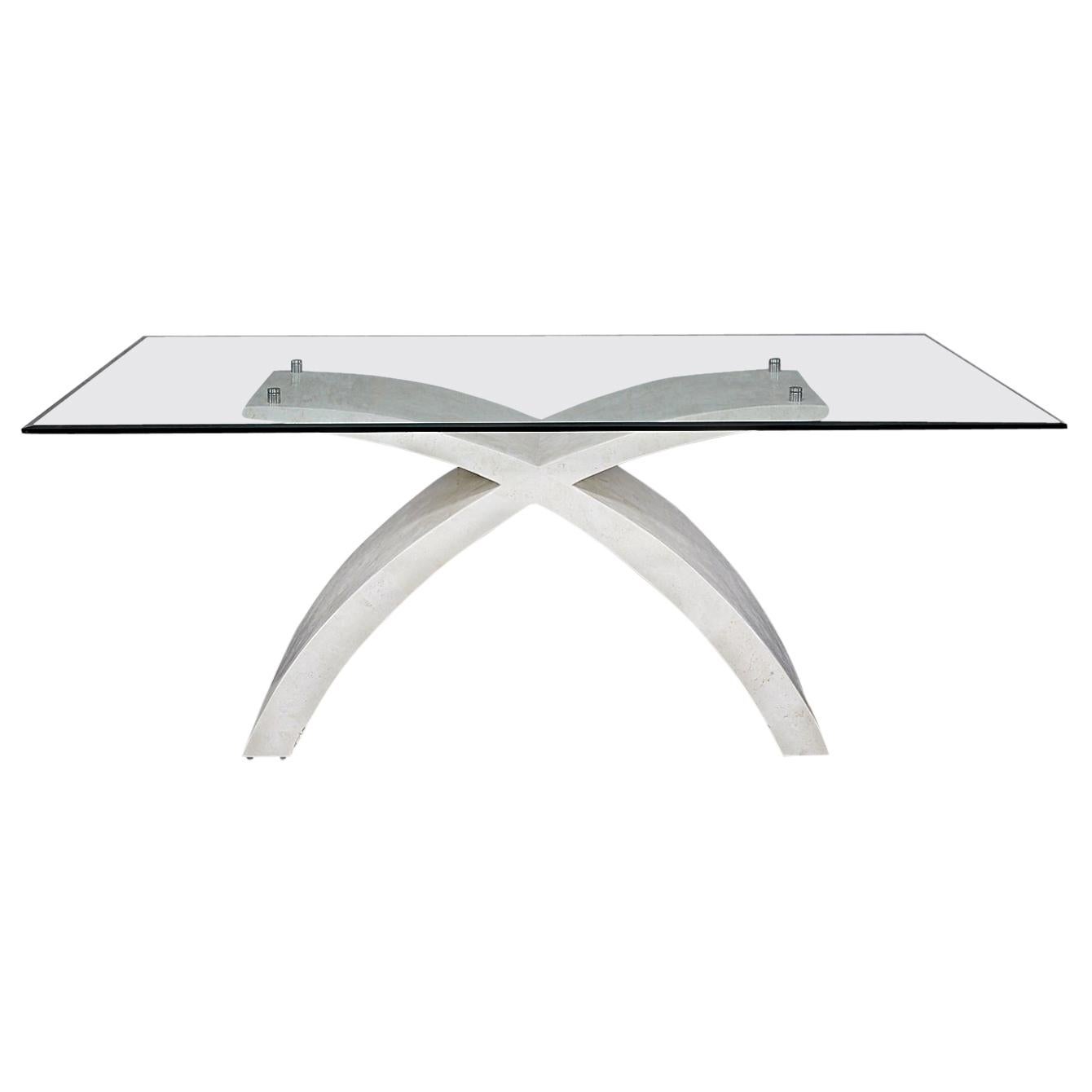 Postmodern White Tessellated Stone X-Base Dining Table with Glass Top, 1990s For Sale