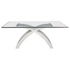 Postmodern White Tessellated Stone X-Base Dining Table with Glass Top, 1990s