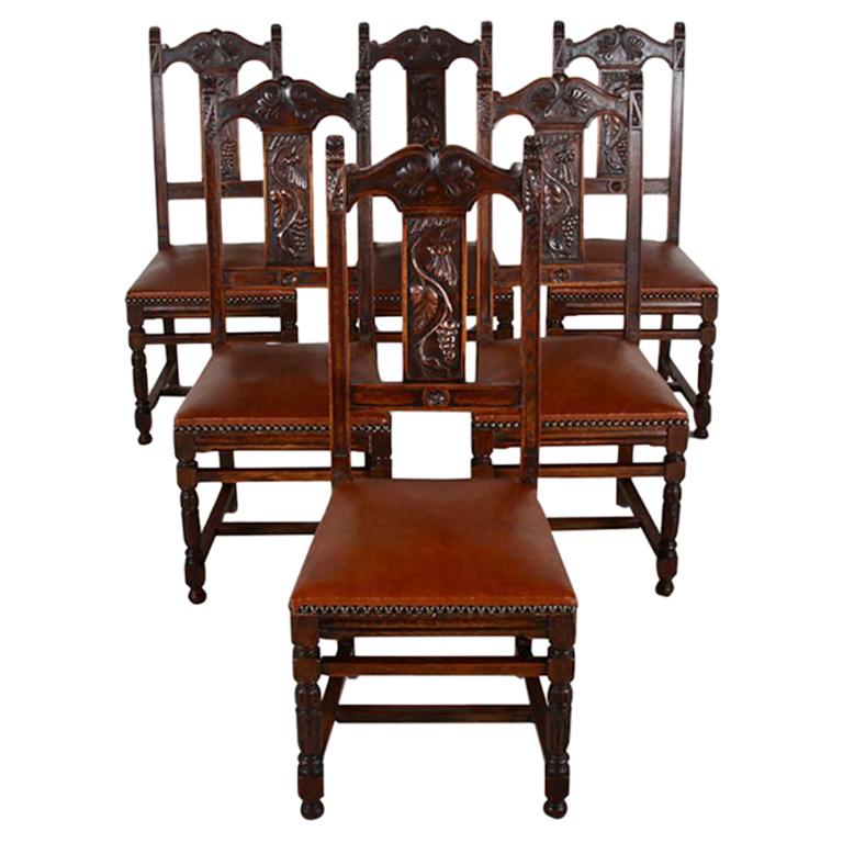 Set of Six French Carved Oak Dining Chairs