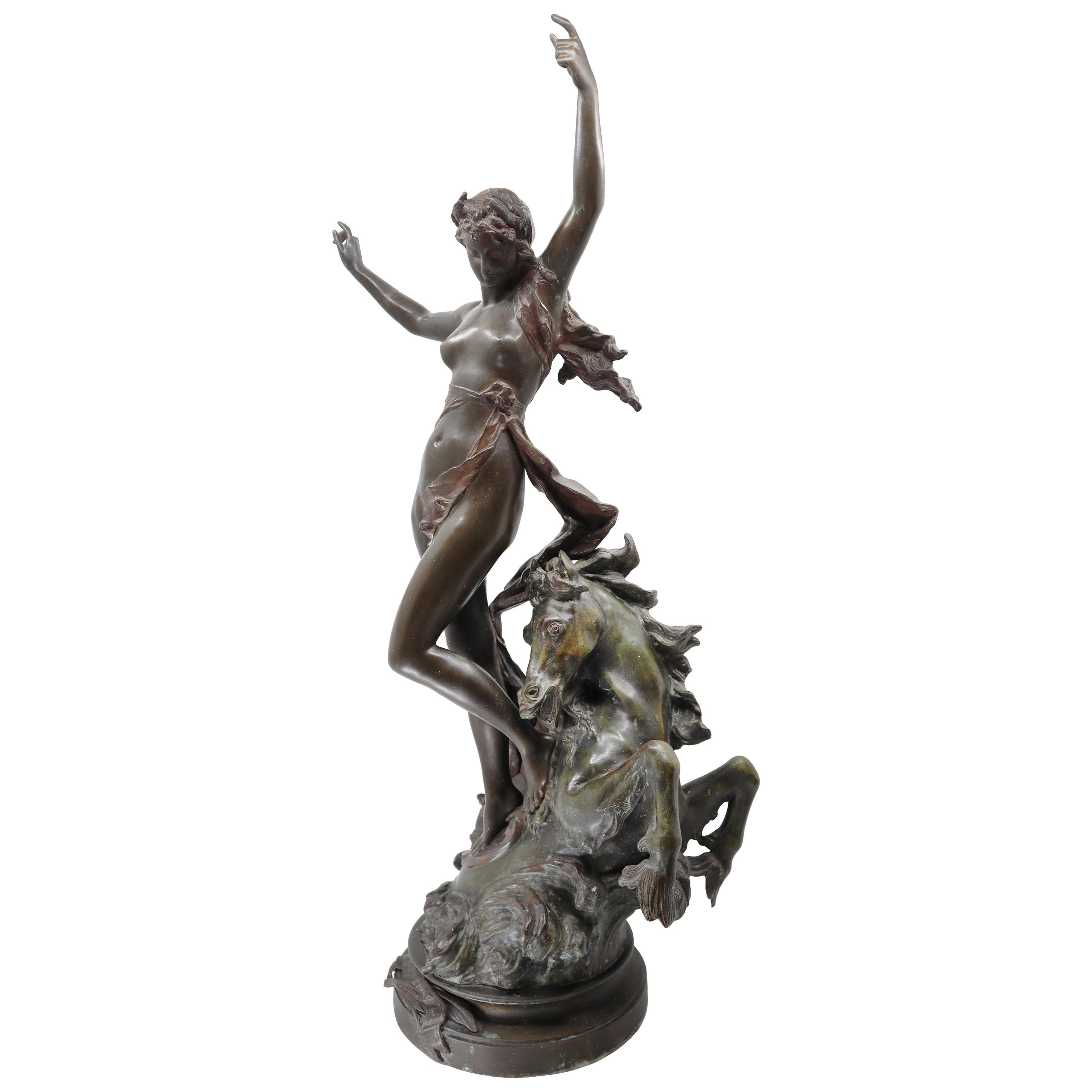 Bronze Woman and Horse in Movement, 19th Century, Édouard Drouot, French
