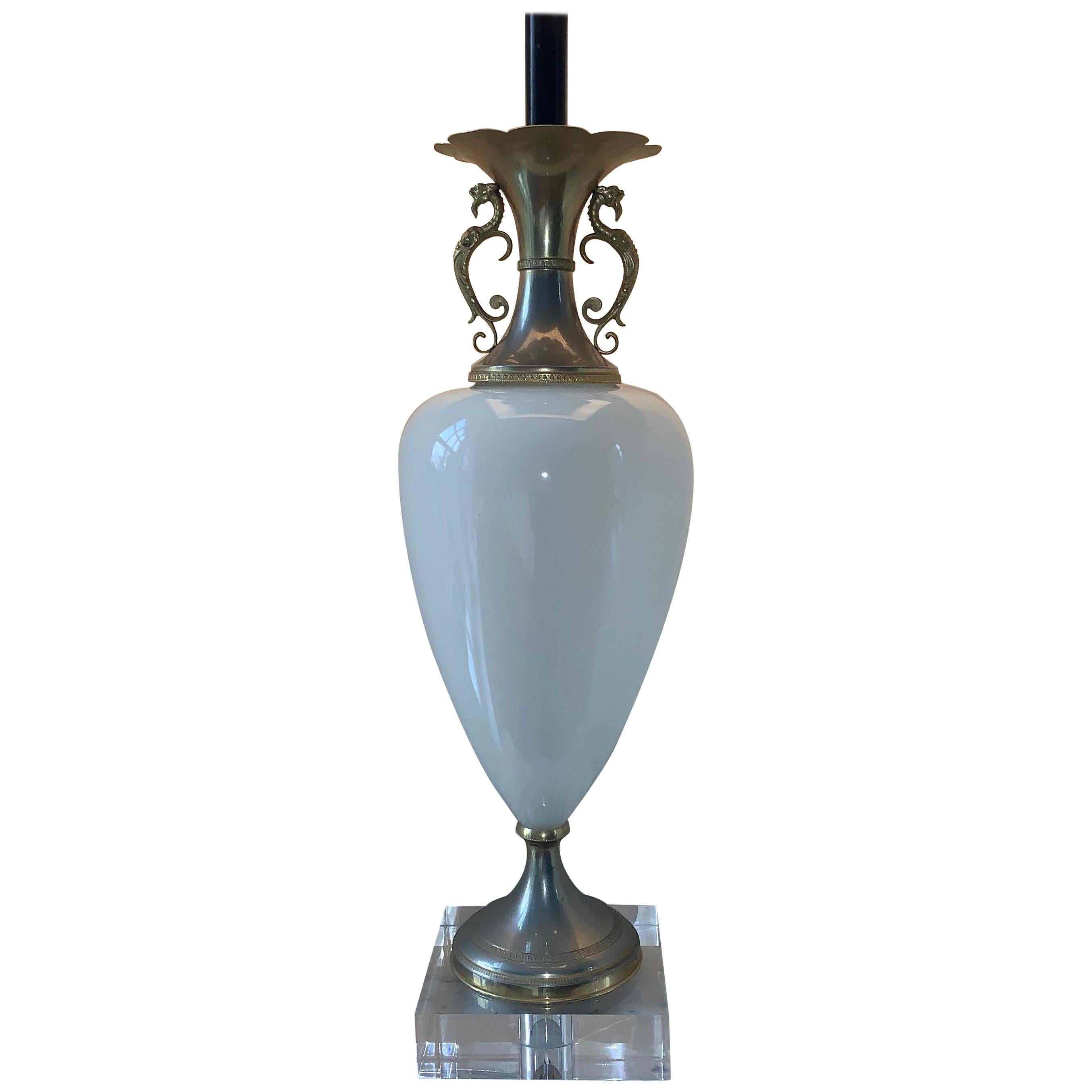 American Empire Tall White Opaline Table Lamp on Thick Square Lucite Base For Sale